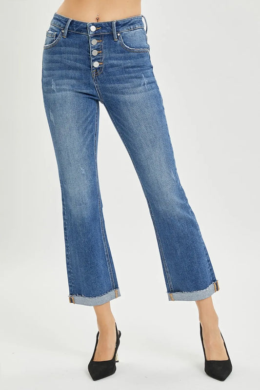 Risen Button Fly Cropped Bootcut Jeans in Dark Wash