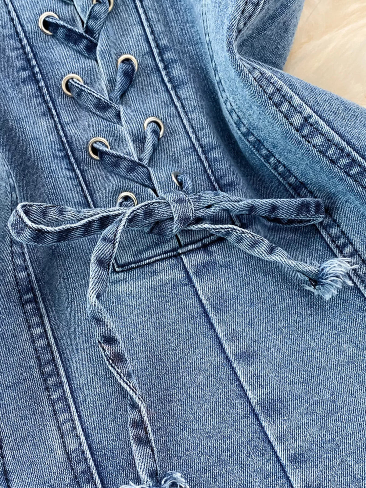 Lace-Up Denim A-Line Mini Dress in Blue