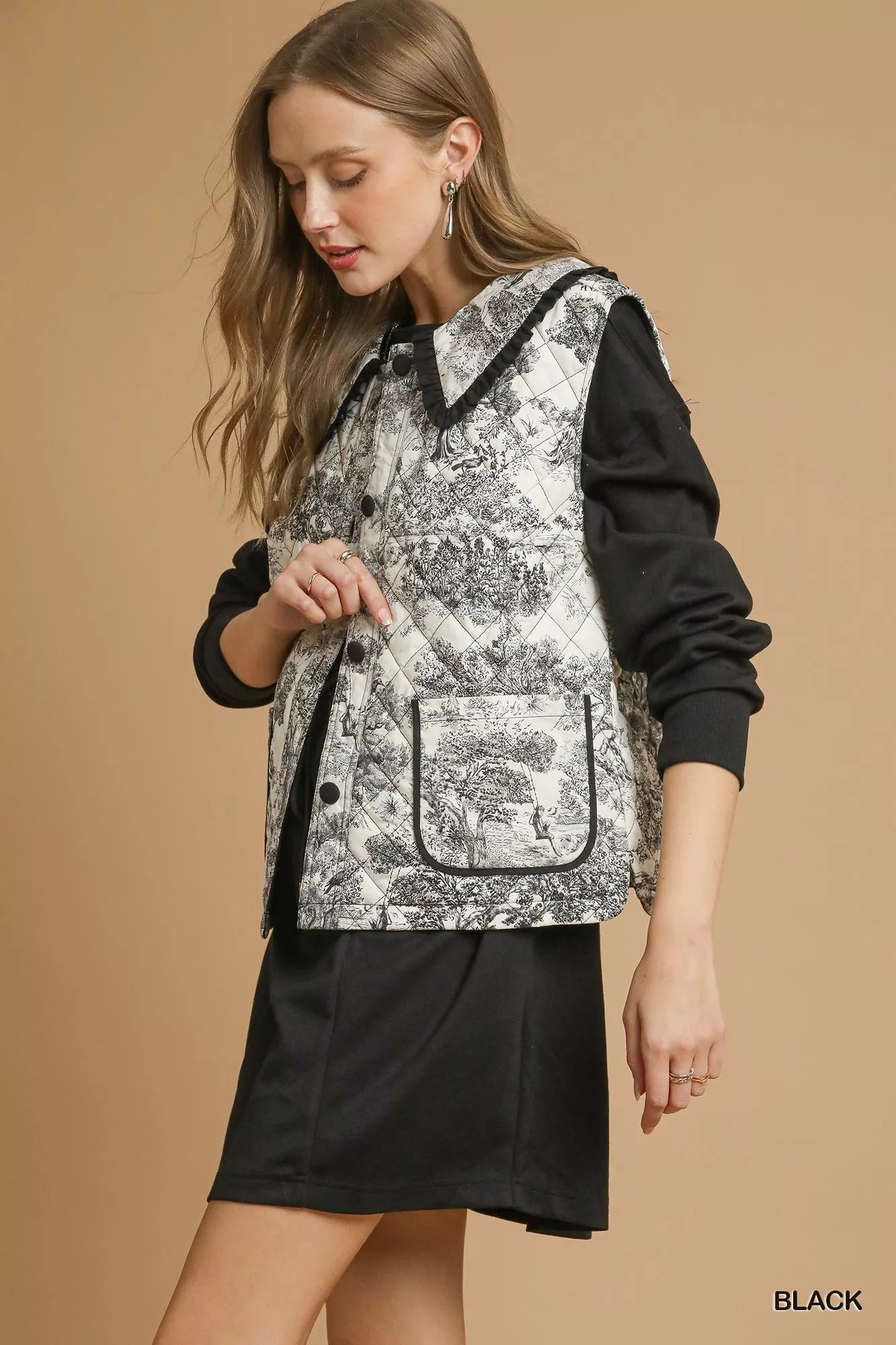 Umgee Toile Quilted Vest with Ruffle Collar in Black