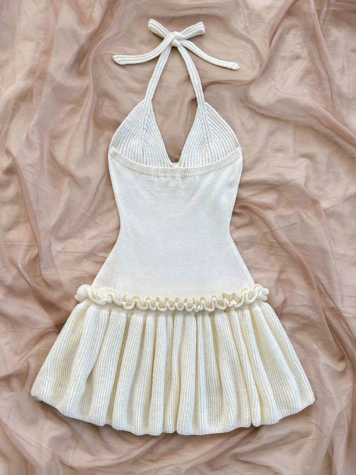 Halter Neck Ruffle Hem Knit Sweater Dress in White