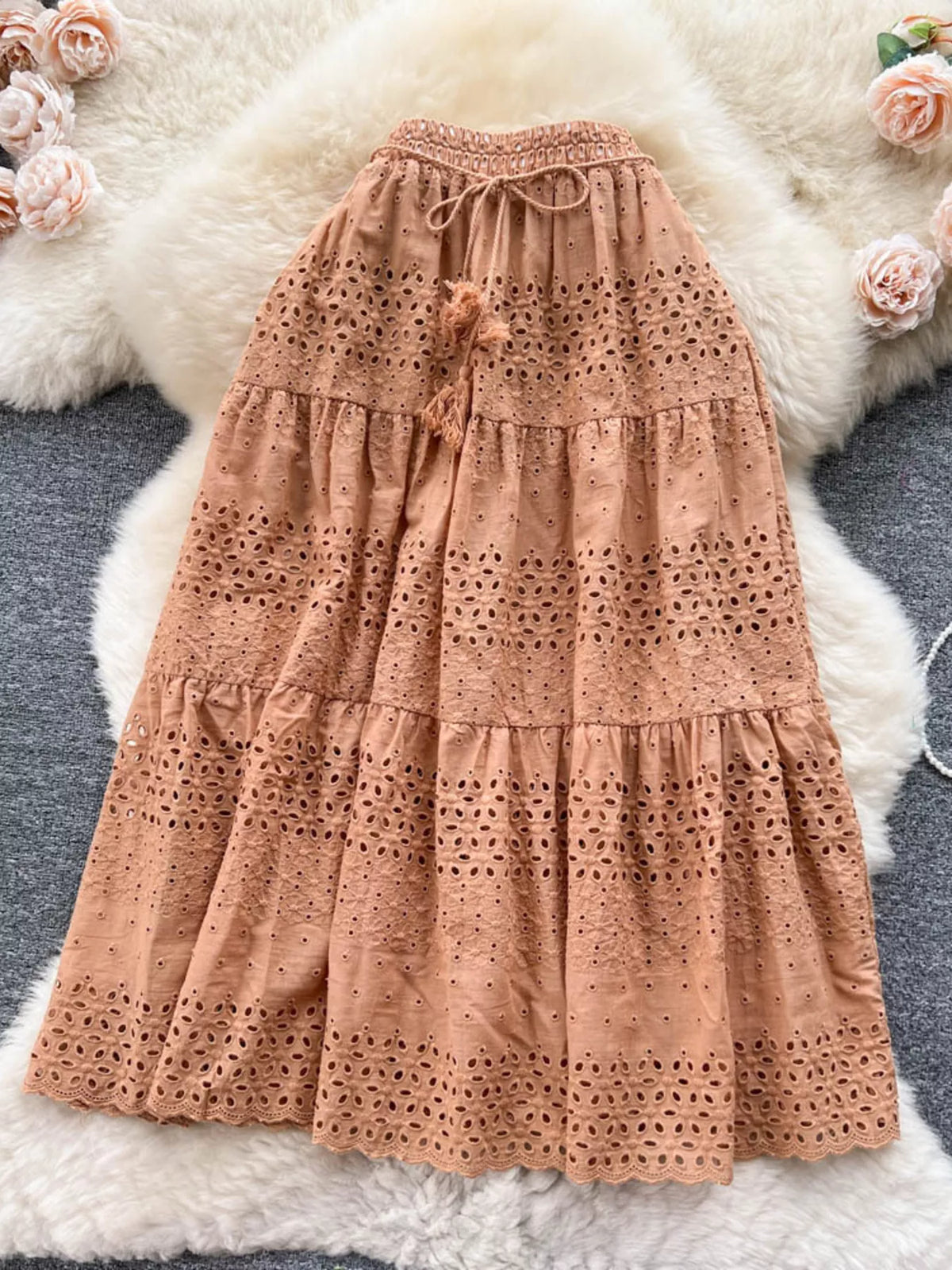 Eyelet Cutout Tiered Maxi Skirt