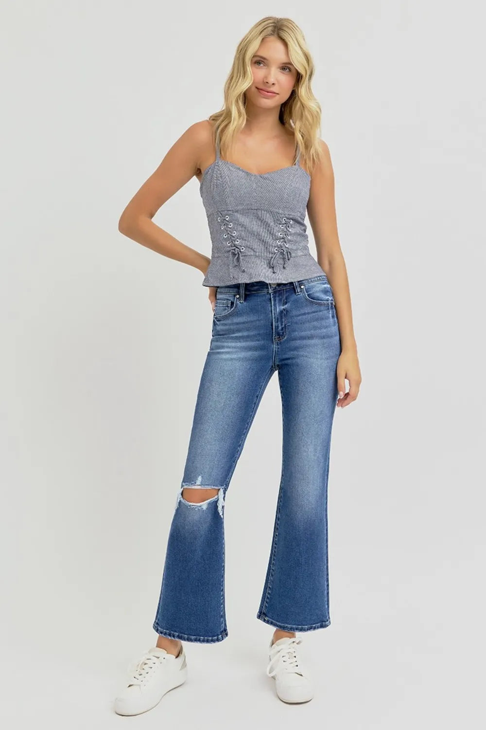 Risen High Rise Distressed Crop Flare Jeans in Dark