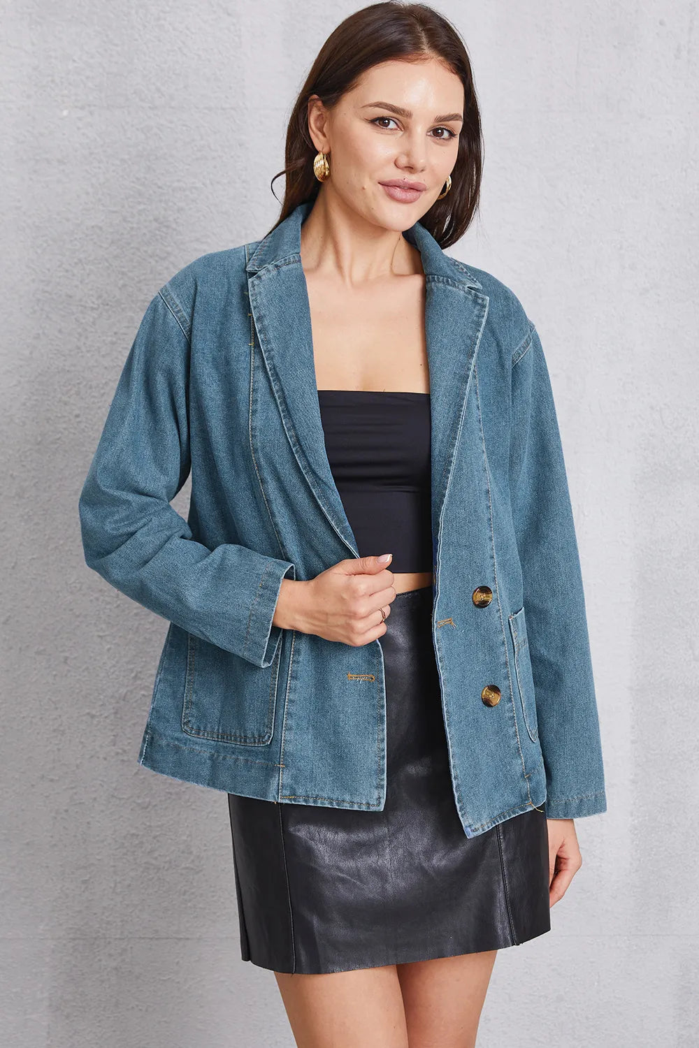 Long Sleeve Pocketed Denim Jacket in Medium Wash by Y.Y@Denim