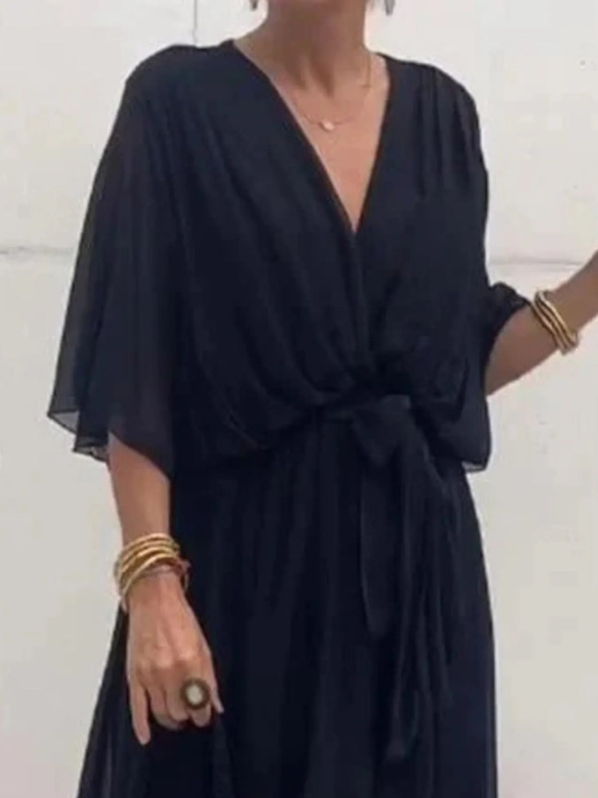 Flowy Tie-Front Midi Dress with Flutter Sleeves