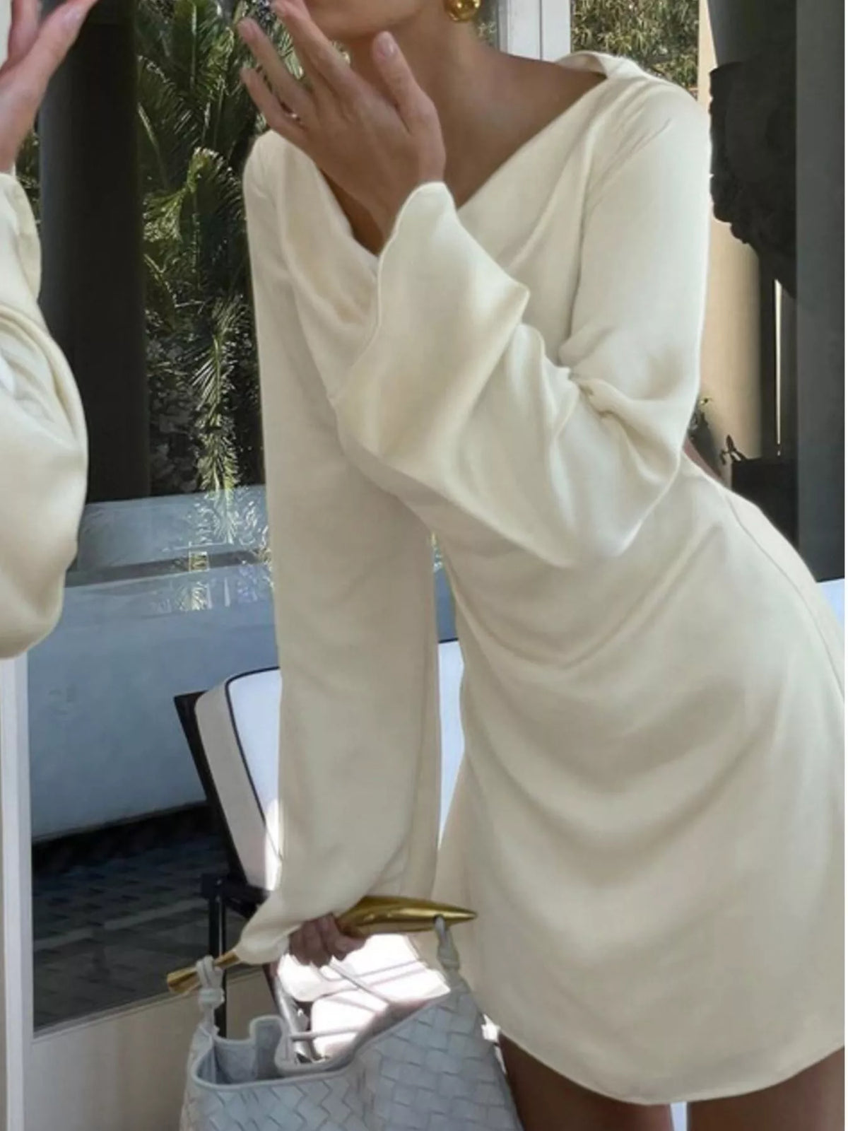 Backless Long Sleeve Mini Dress in Beige