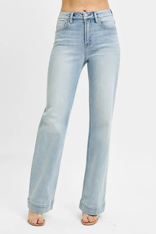 Risen High Rise Straight Leg Jeans in a Light Wash