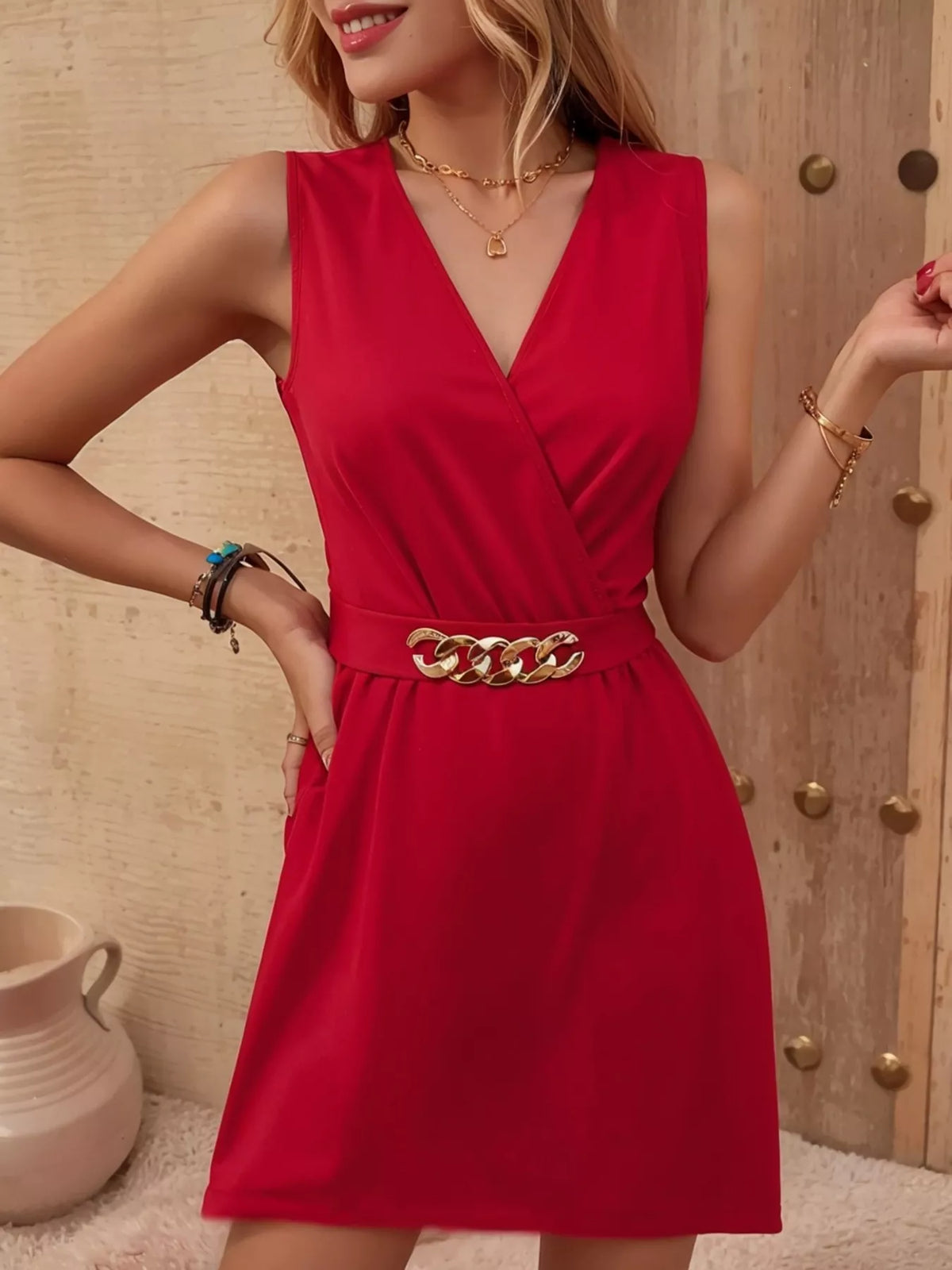 Pocketed Surplice Mini Dress