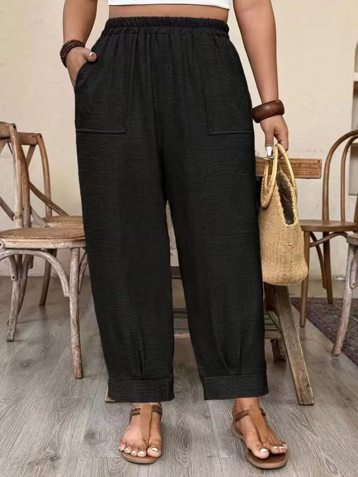 Plus Size Elastic Waist Pants with Pockets