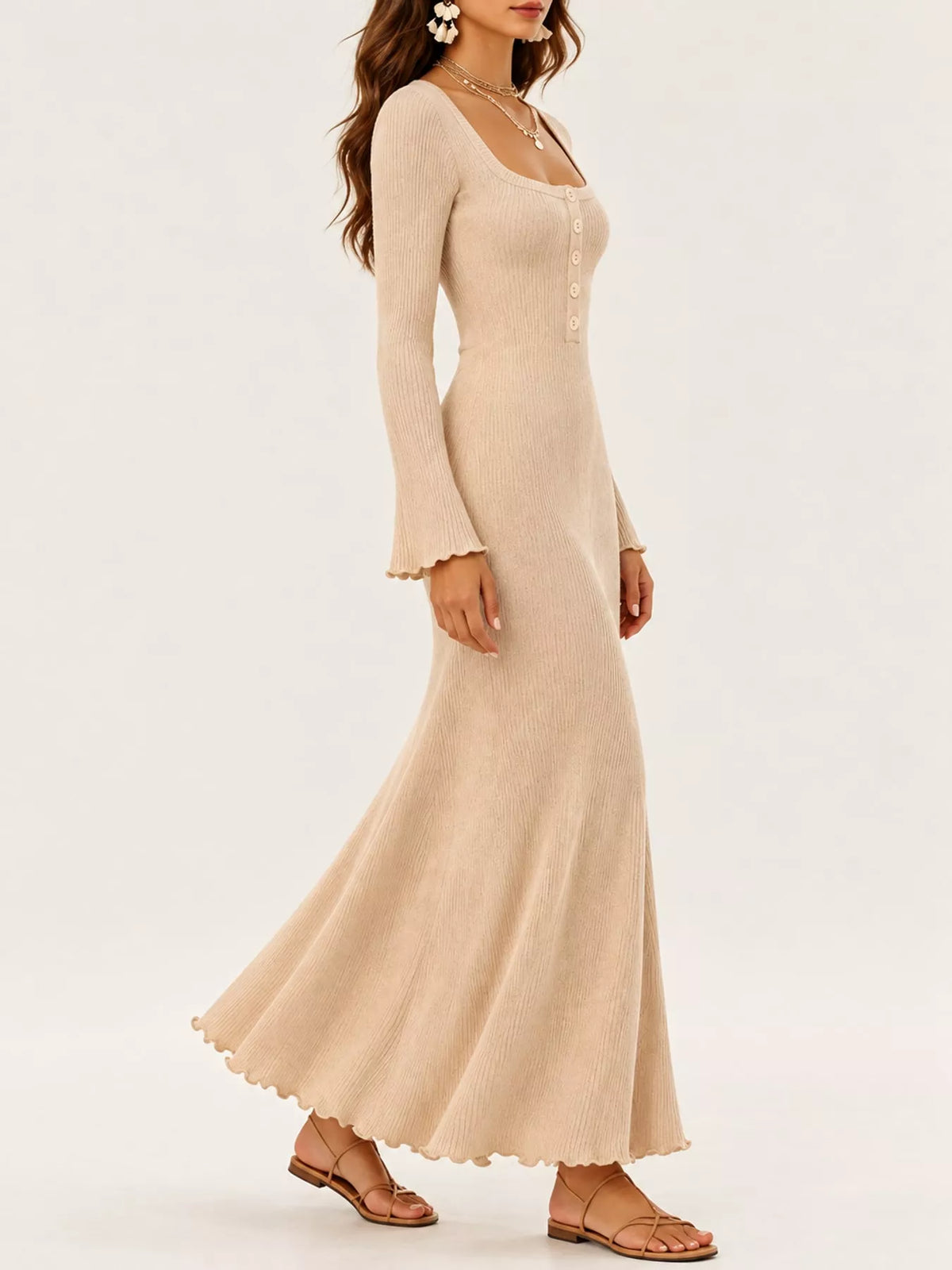 Button-Front Ribbed Knit Maxi Dress