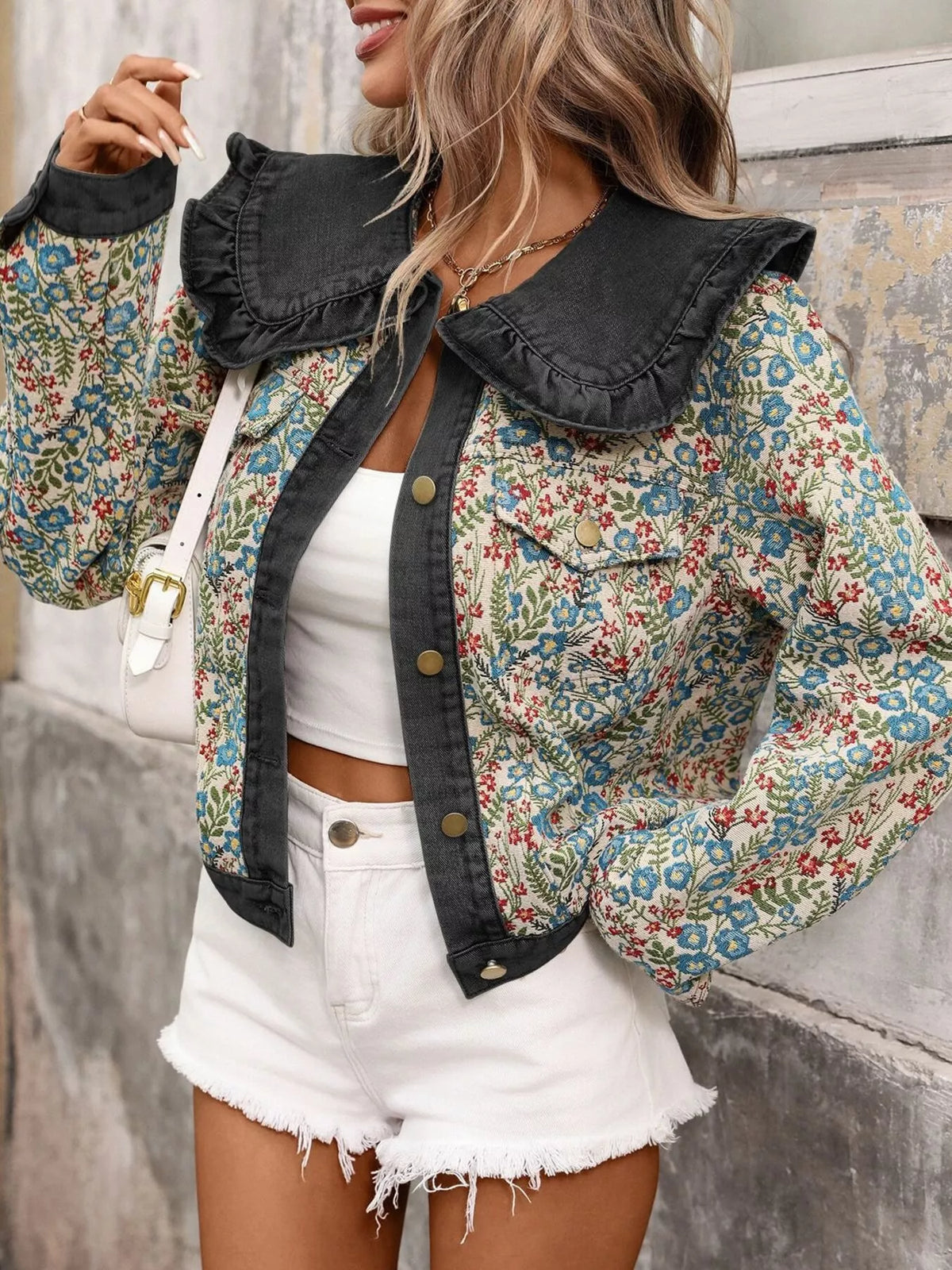 Ruffle Collar Denim Jacket by Moni Wear