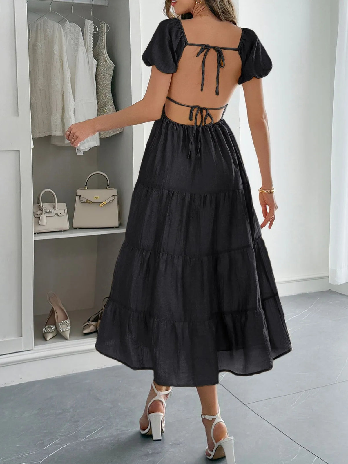 Backless Puff-Sleeve Tiered Midi Dress