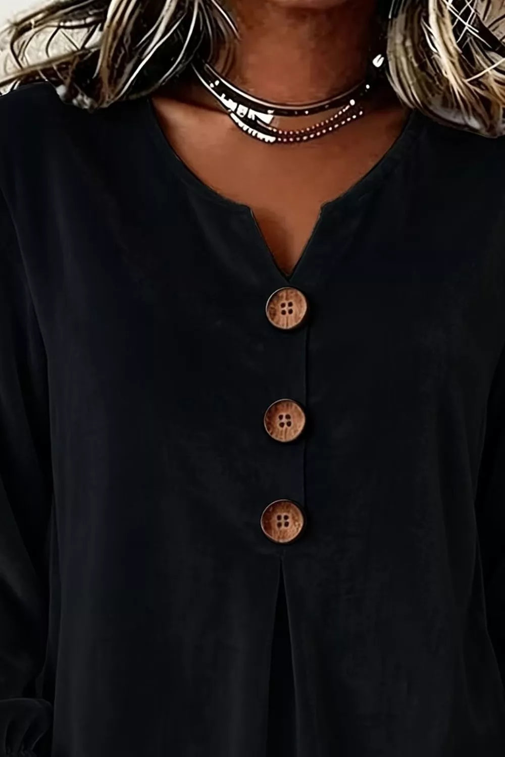 Velvet Button Decor Blouse with Ruffled Cuffs
