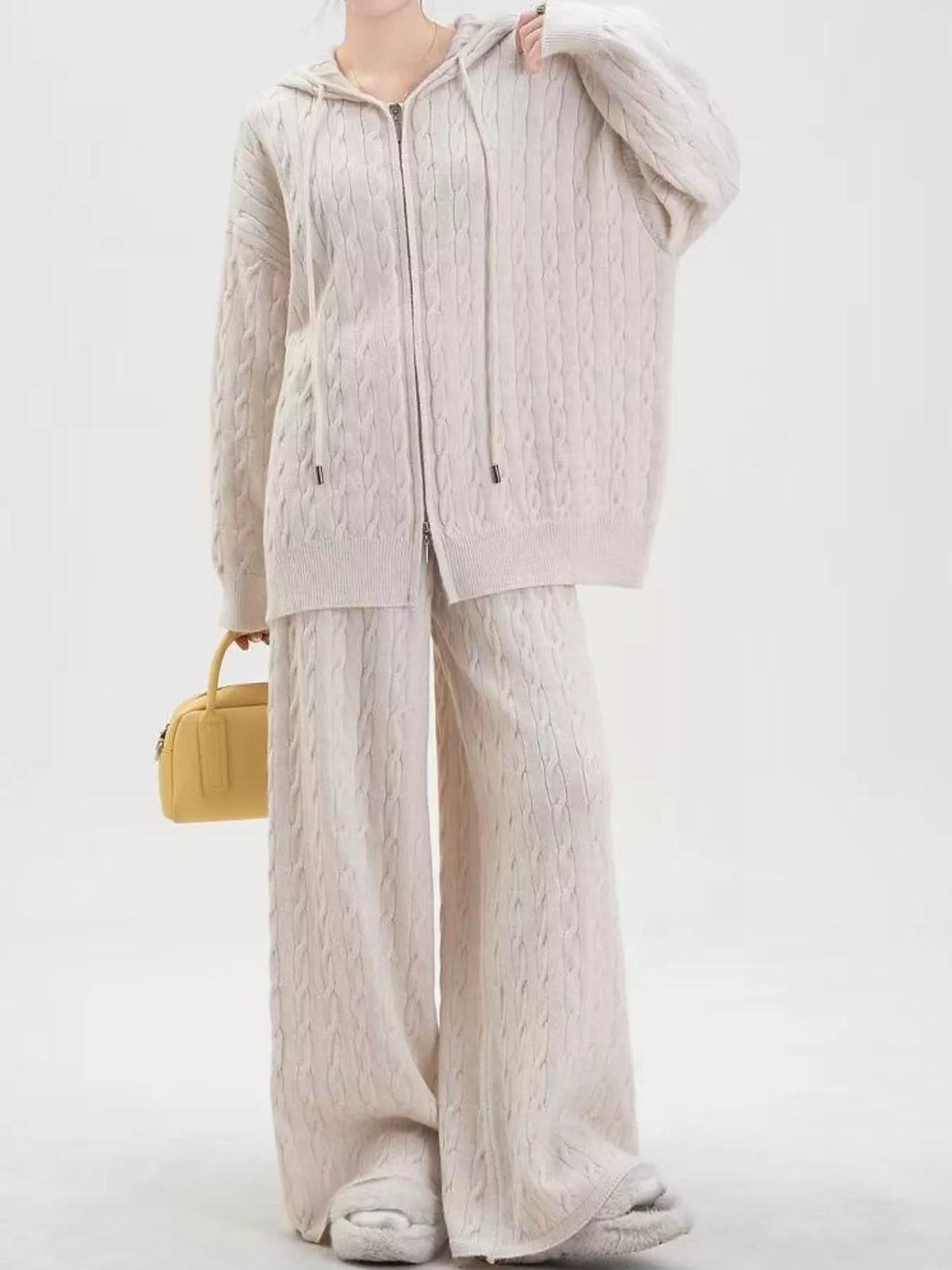 Cable Knit Zip-Up Hooded Cardigan and Wide-Leg Pants Set