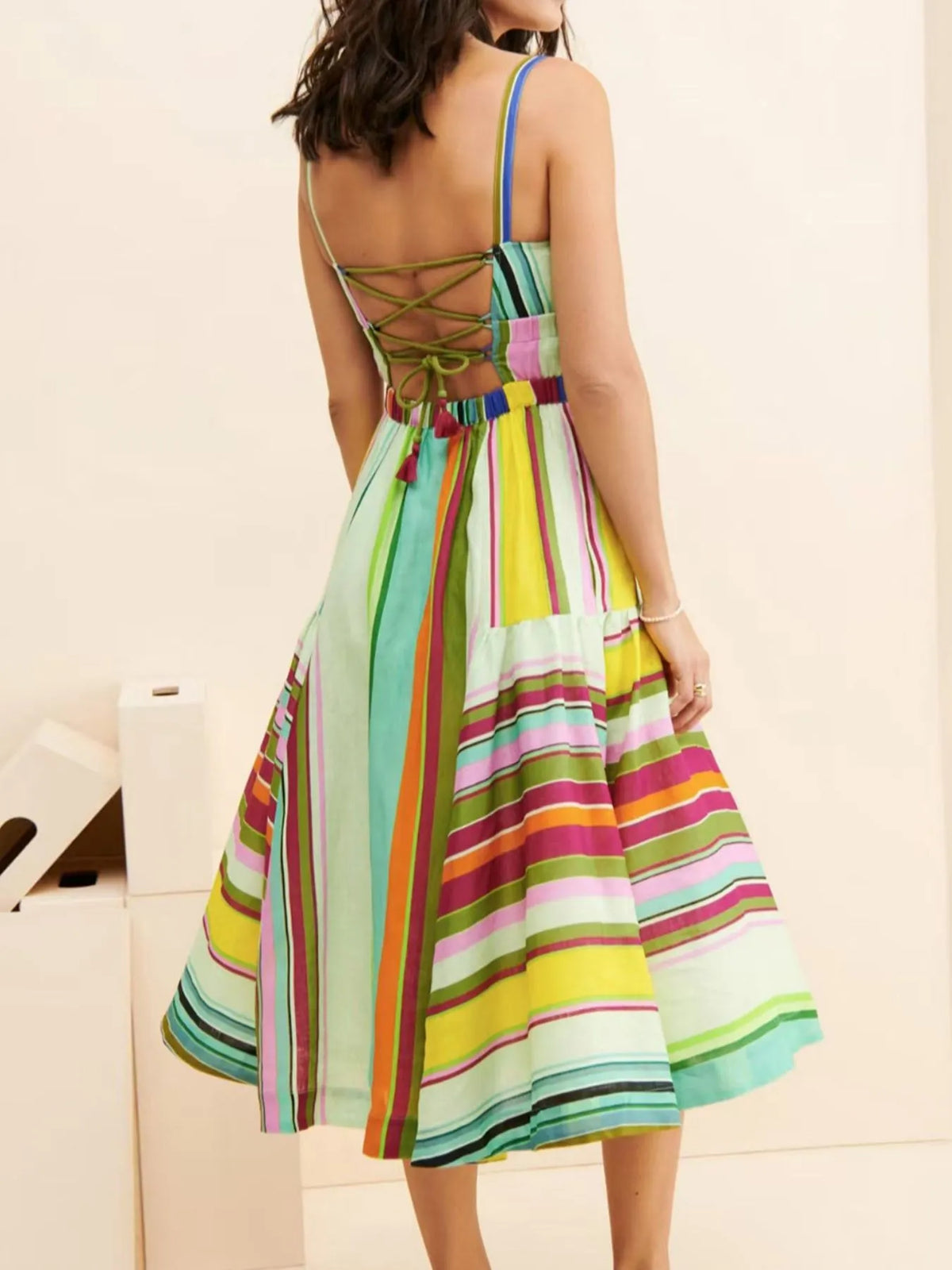 Striped Spaghetti Strap Midi Dress in Yellow