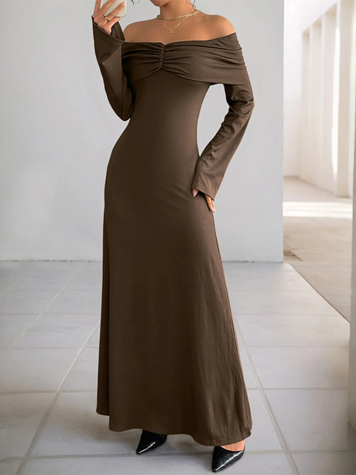 Off-Shoulder Ruched Bodycon Maxi Dress in Coffee Brown
