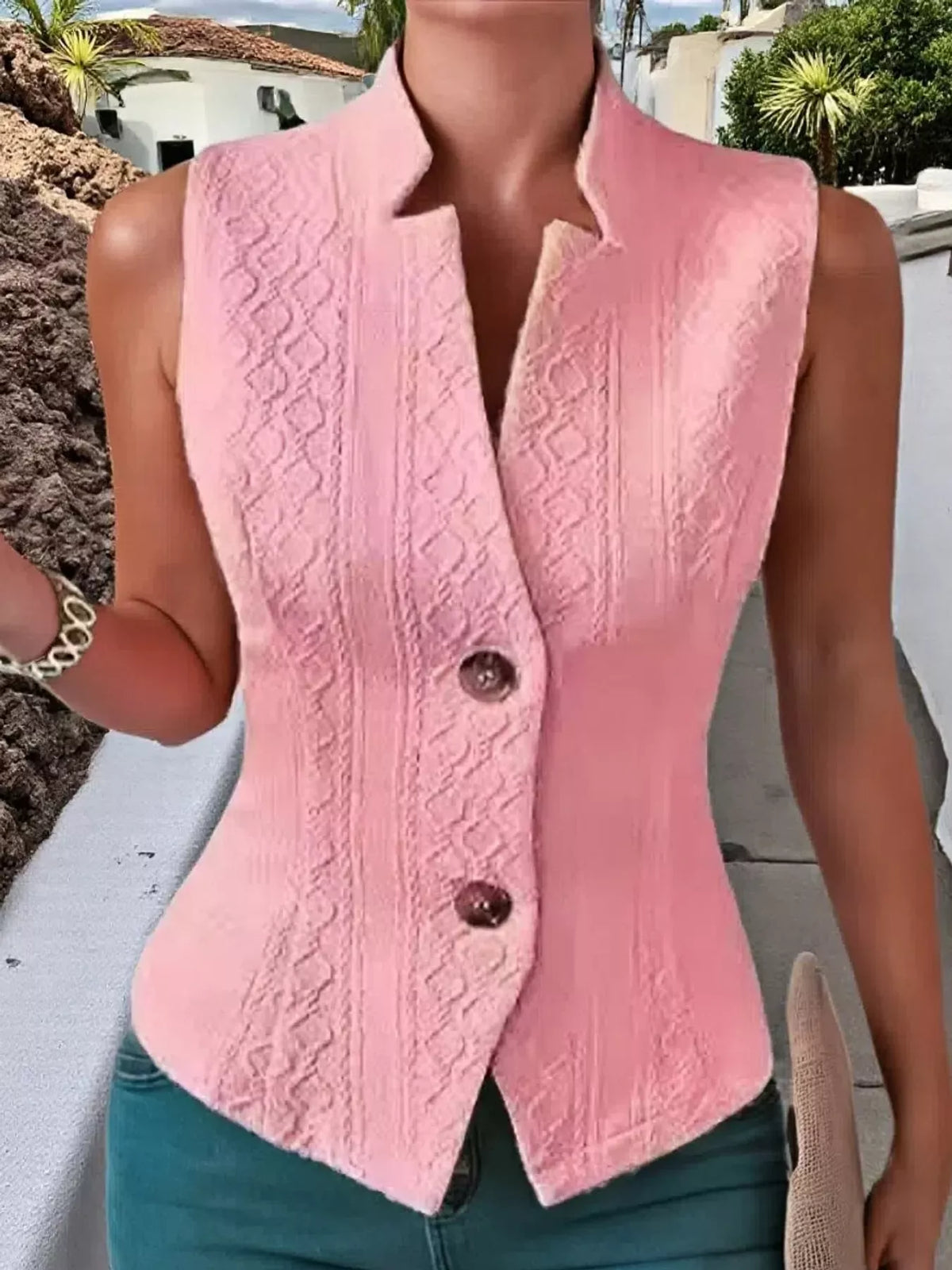 Textured Slim-Fit Button-Down Vest Coat