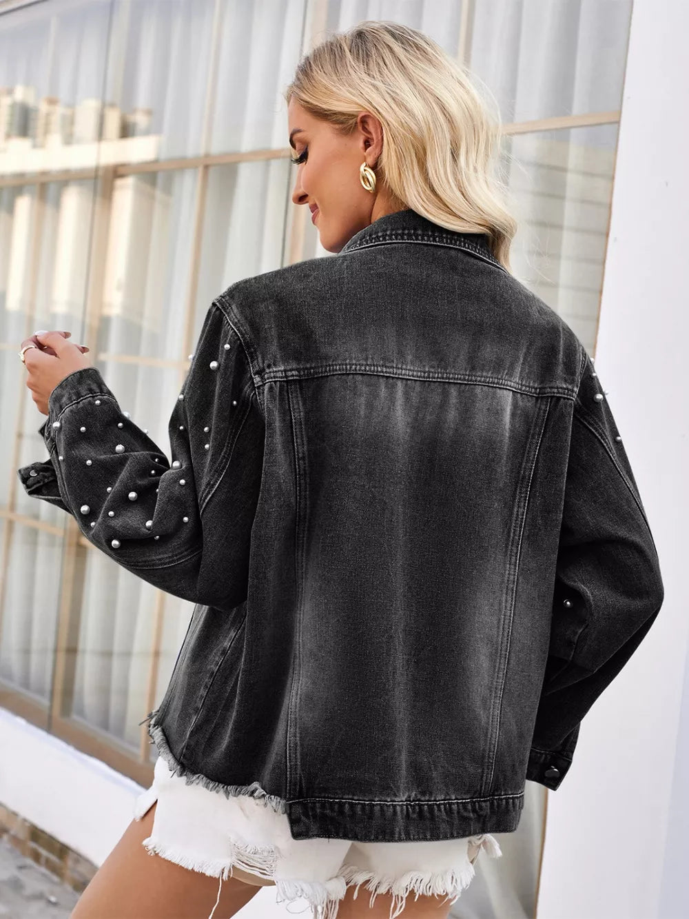 Pearl-Trim Raw-Hem Denim Jacket by Manny