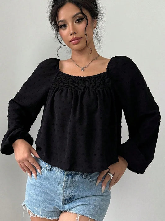 Swiss Dot Square Neck Blouse in Black