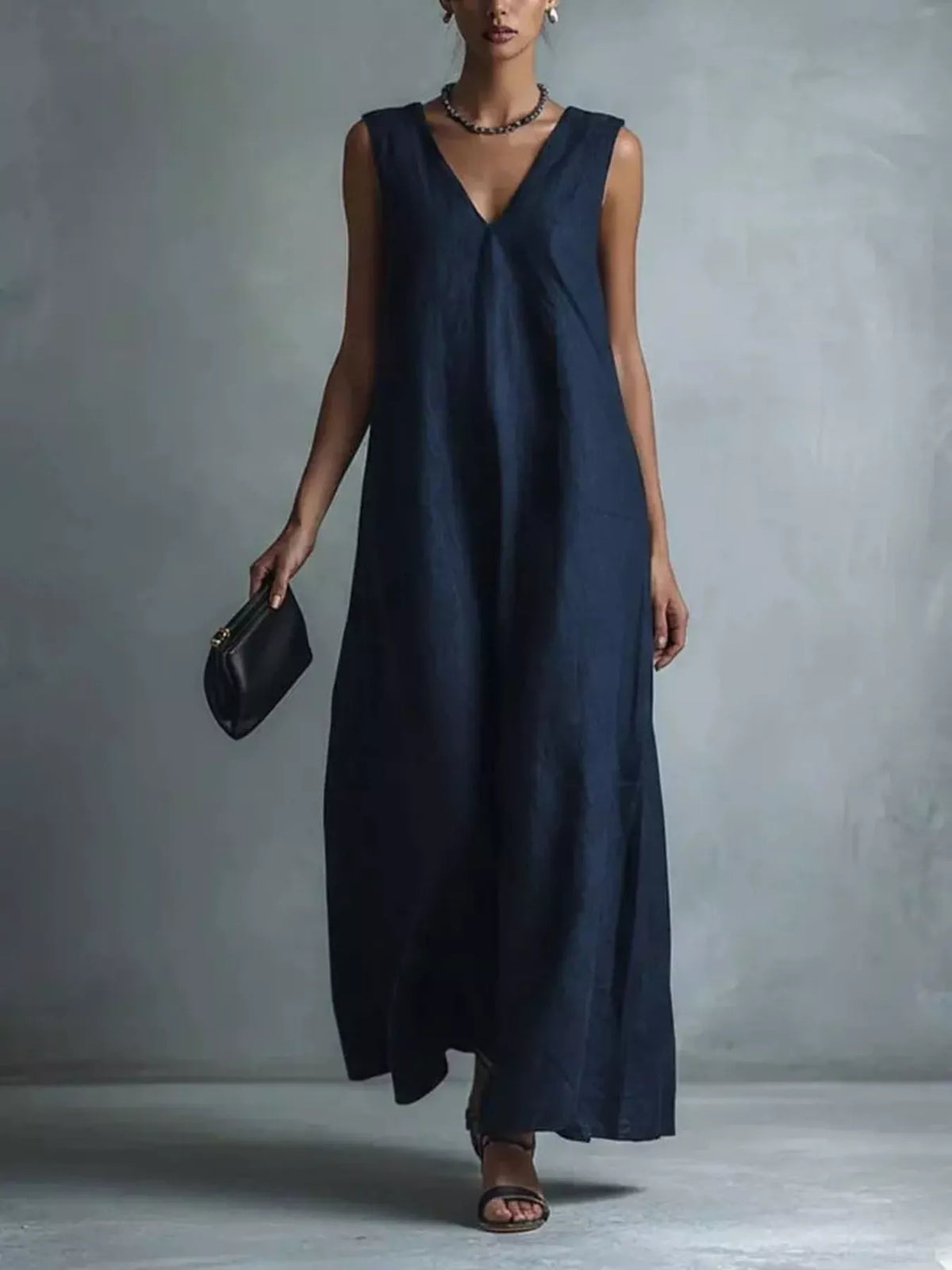 V-Neck Sleeveless Maxi Dress in Beige