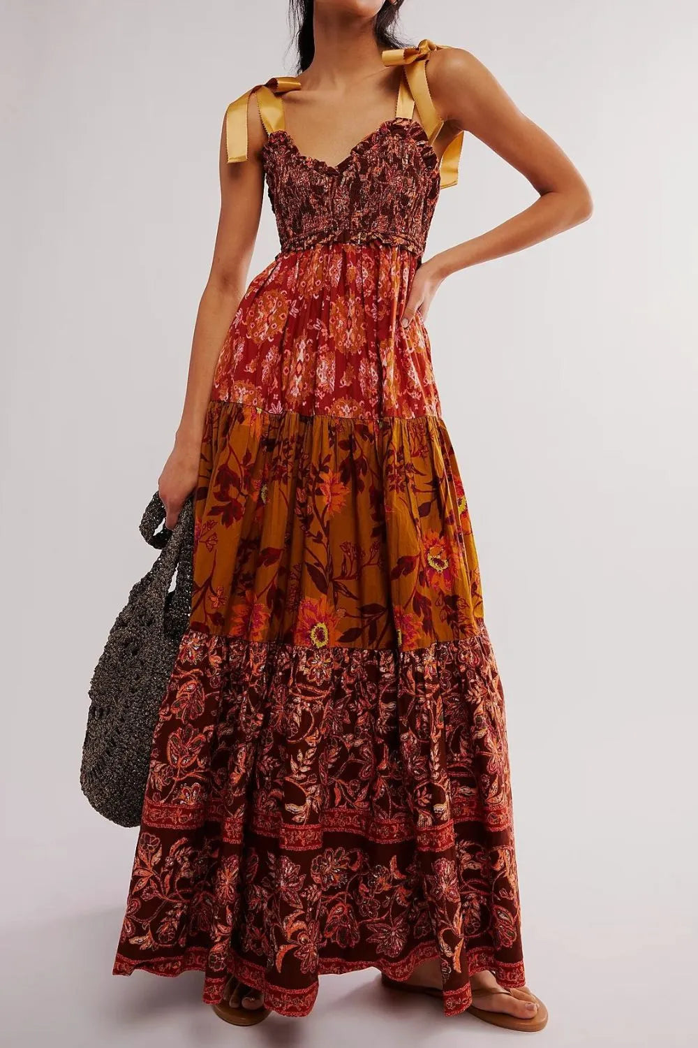 Floral Tiered Maxi Dress with Mixed Print