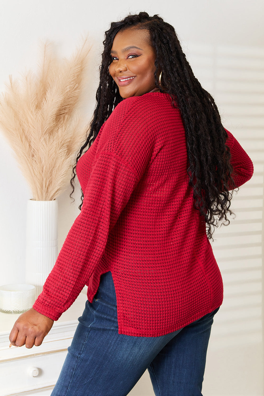 Culture Code Wide Notch Waffle Knit Top in Red