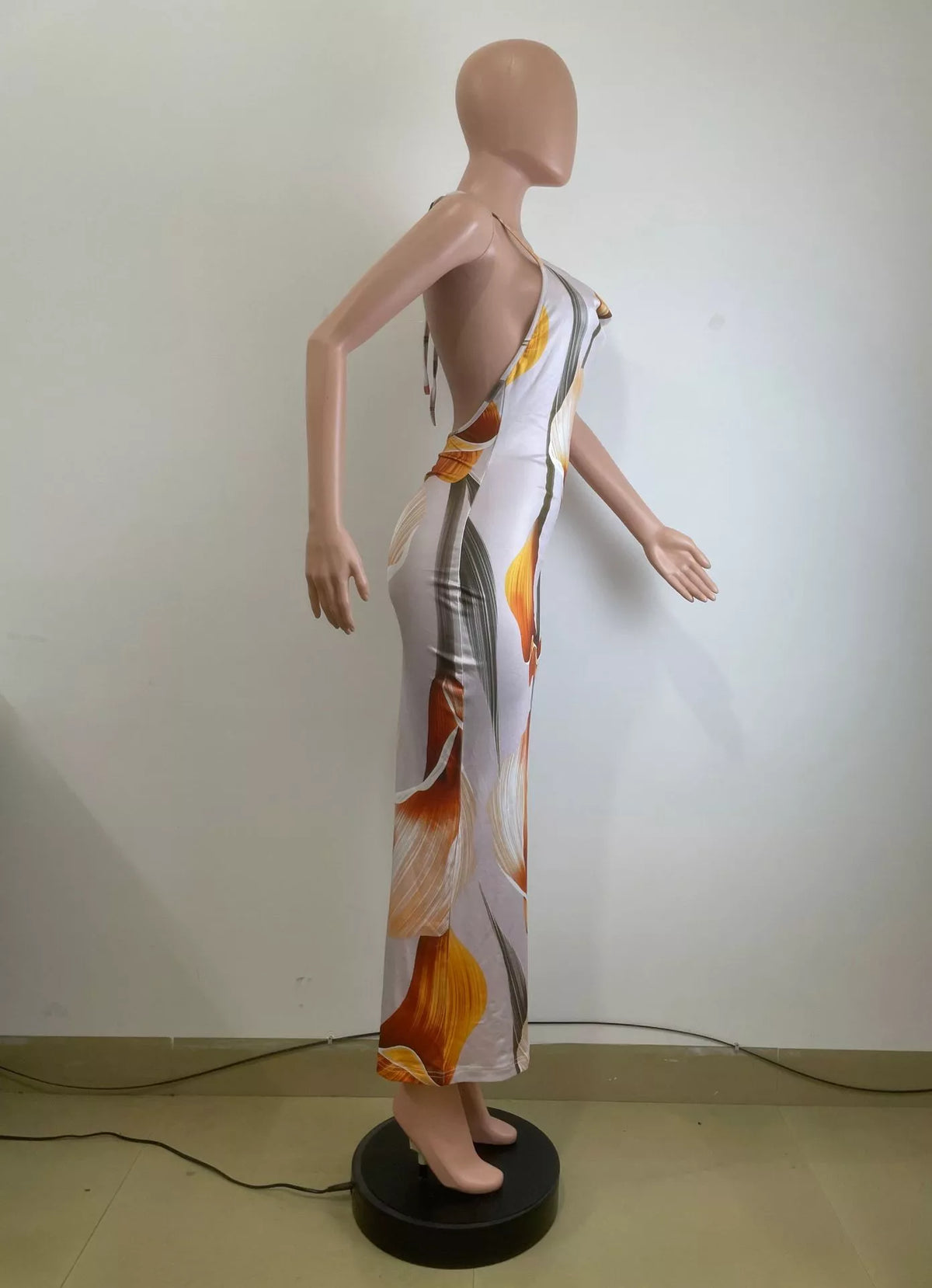 Floral Print Cowl Neck Backless Maxi Dress in Ochre
