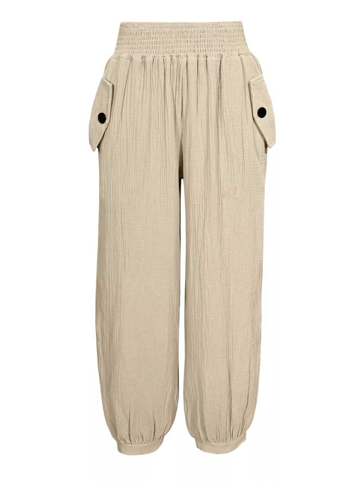 Smocked Textured Casual Pants in Beige