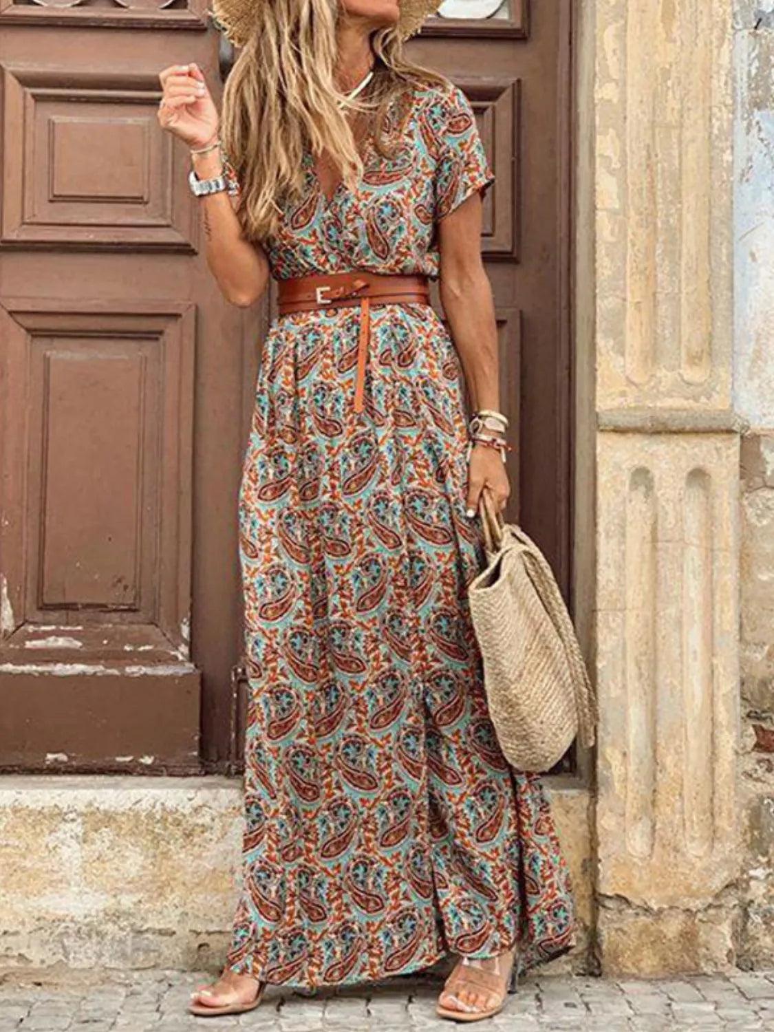 Belted V-Neck Maxi Dress with Pockets