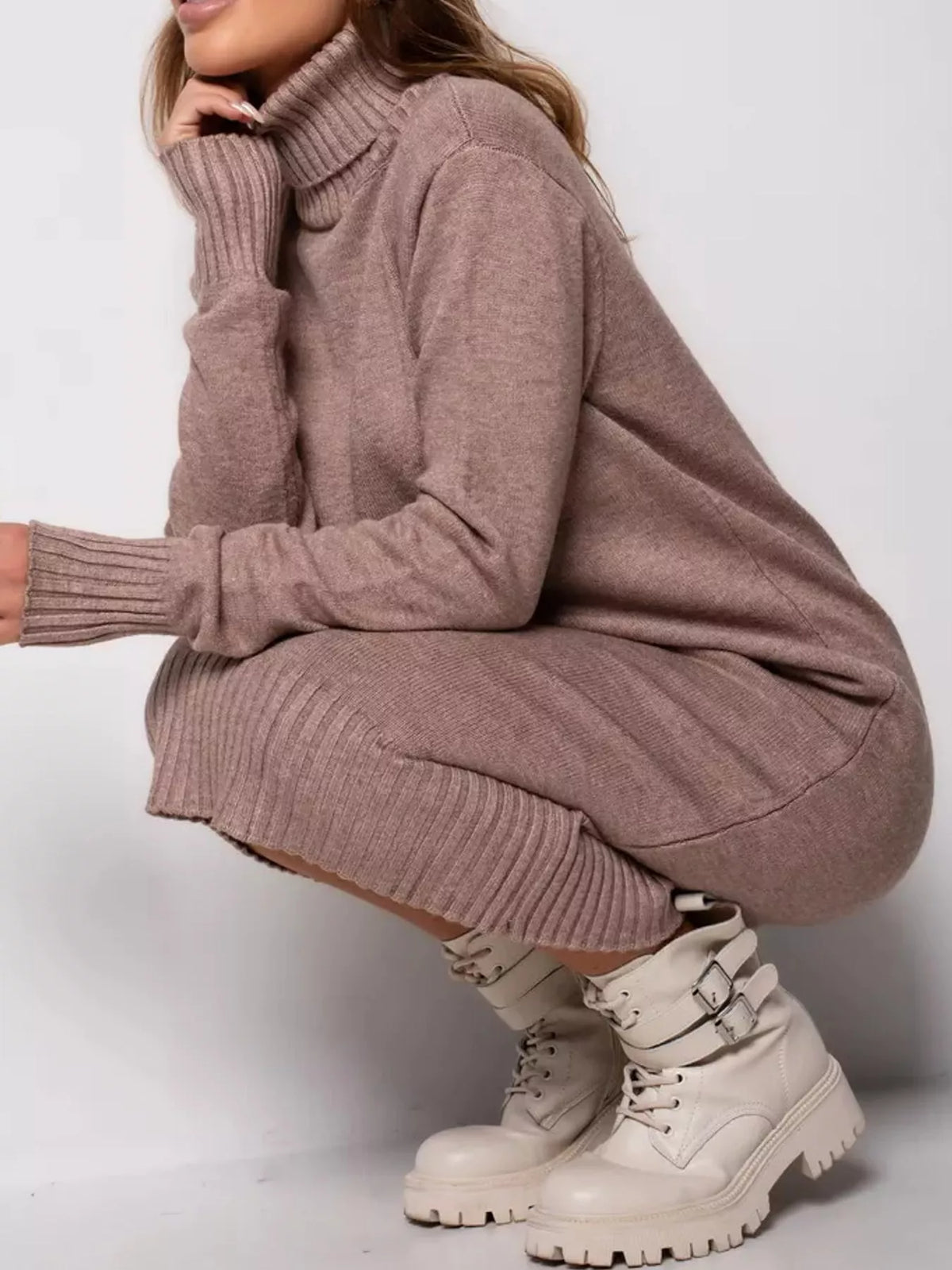 Relaxed Fit Turtleneck Ribbed Knit Sweater Dress
