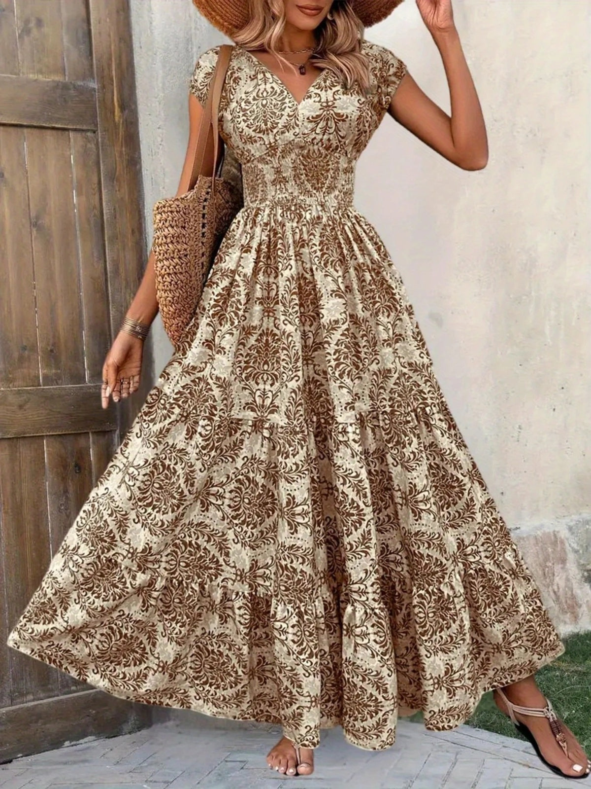 Printed Cap Sleeve Tiered Maxi Dress