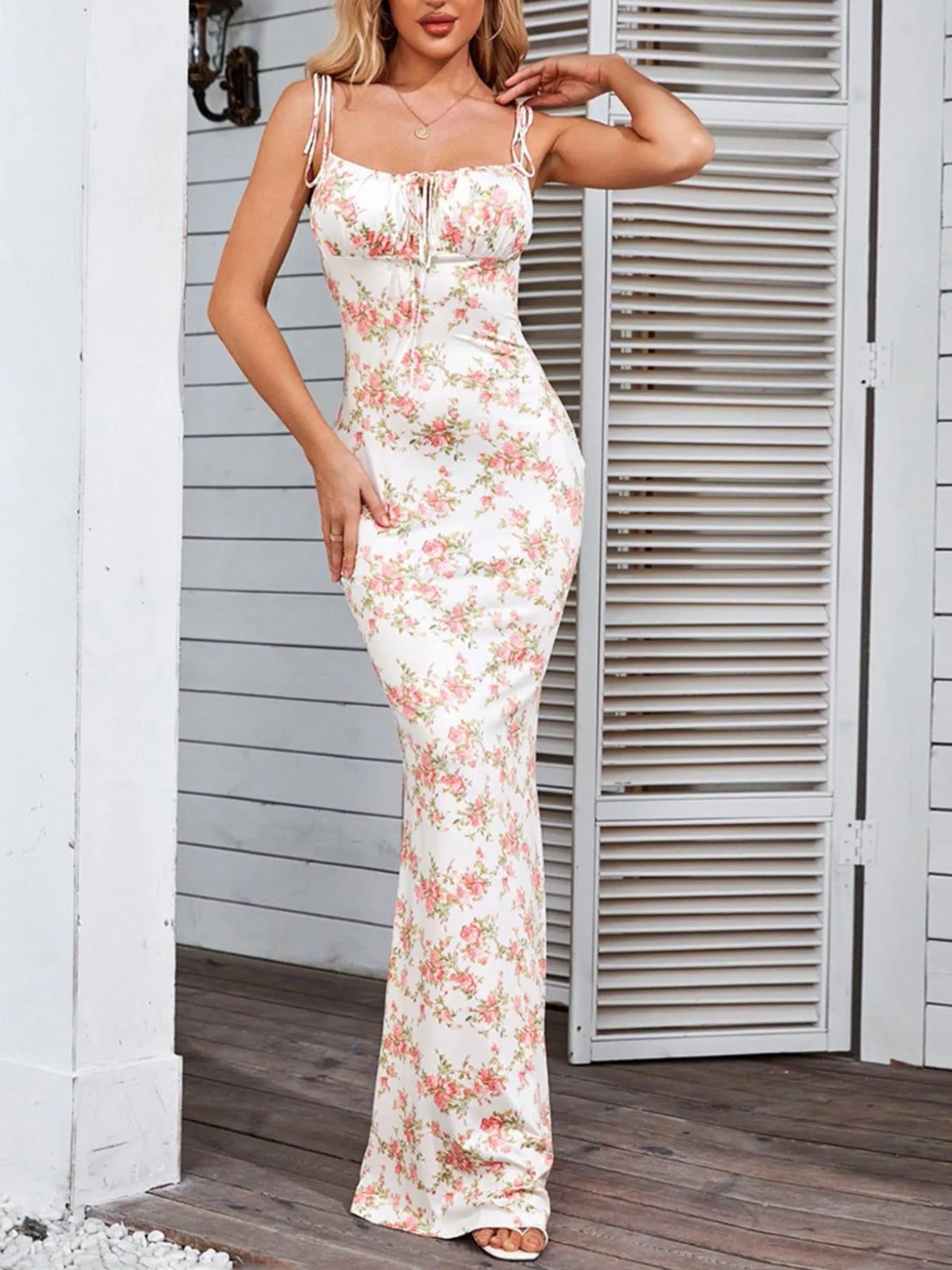 Floral Print Tie Strap Bodycon Maxi Dress by Calliope