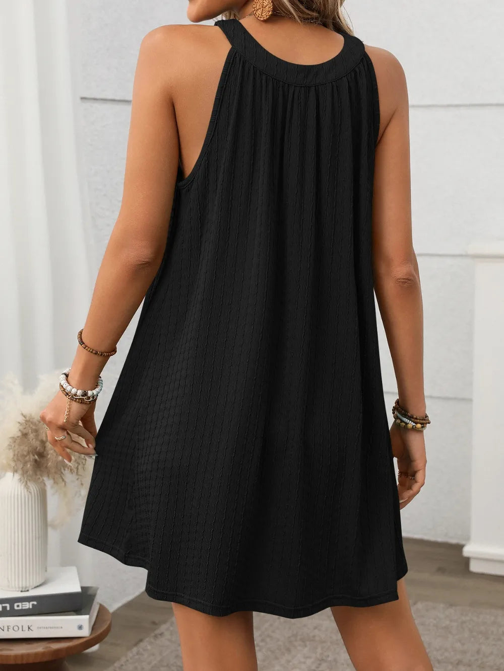 Textured Grecian Neck Mini Dress