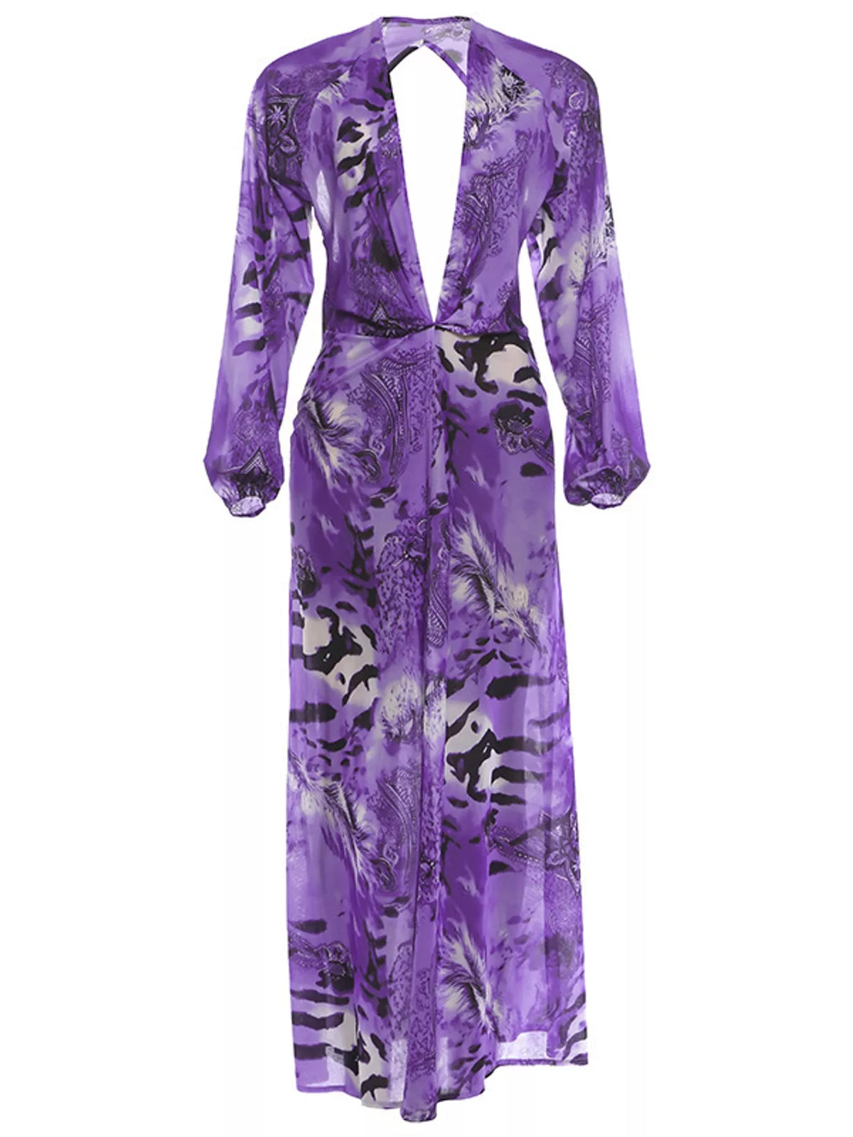 Deep V-Neck Long Sleeve Printed Maxi Dress
