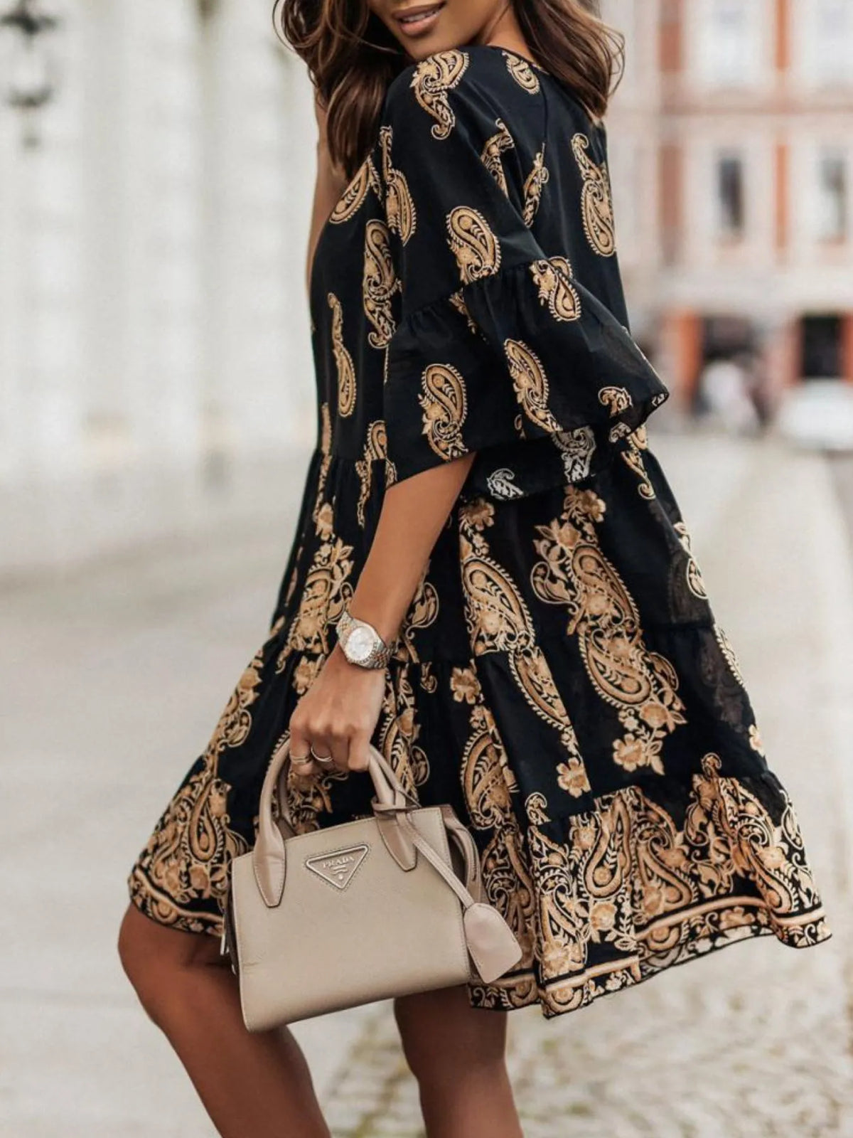 Paisley Tie-Neck Ruffled Half Sleeve Mini Dress