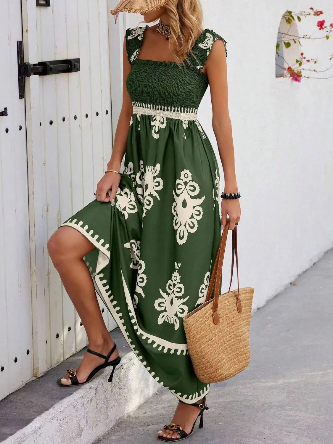 Smocked Wide Strap Maxi Dress