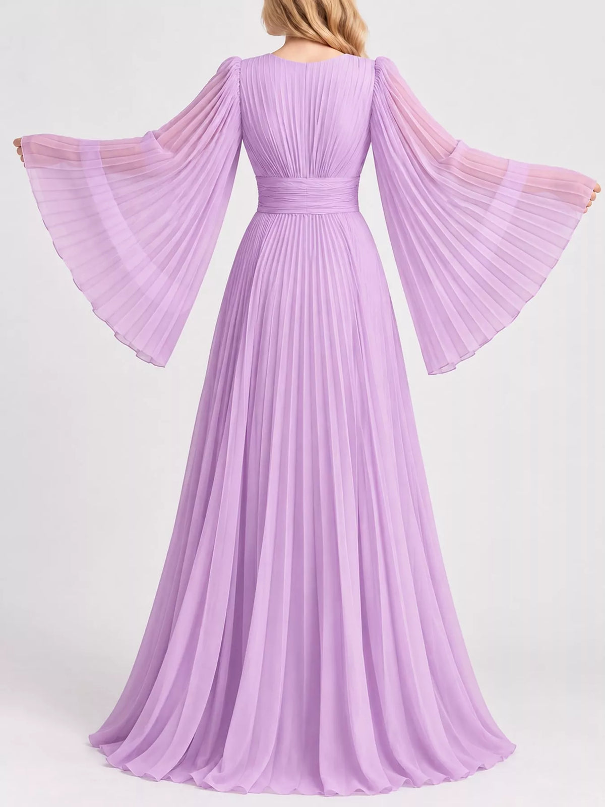 Sheer Pleated V-Neck Maxi Dress