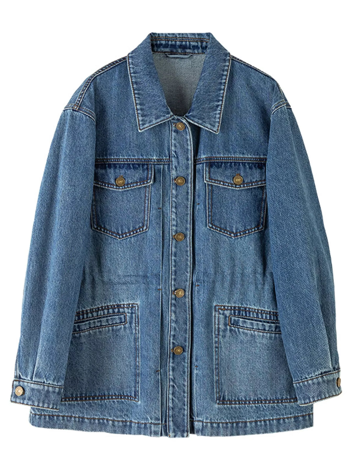 Washed Denim Button-Up Jacket in Blue