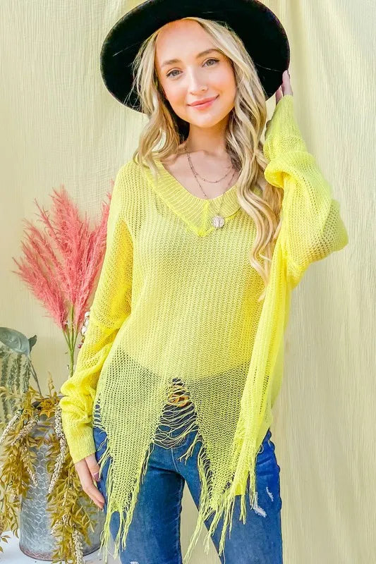 And The Why Distressed Mesh V-Neck Cover-Up in Yellow