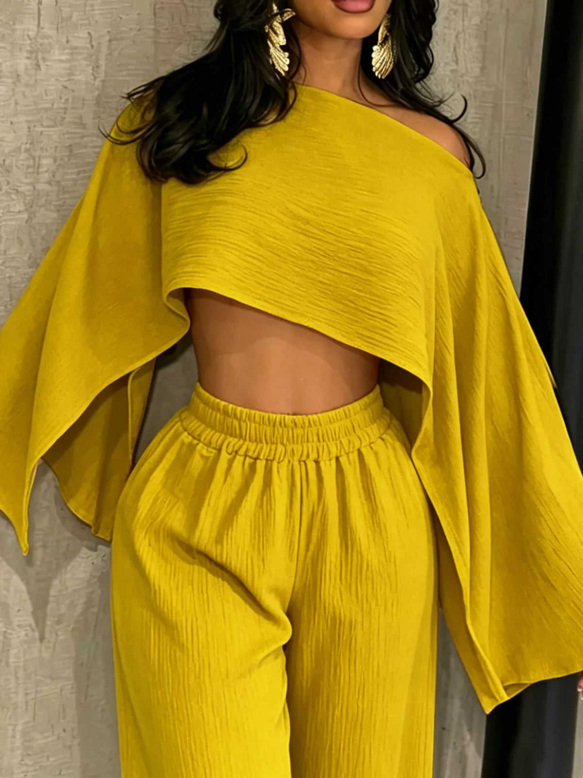 Boat Neck Crop Top and Wide-Leg Pants Set