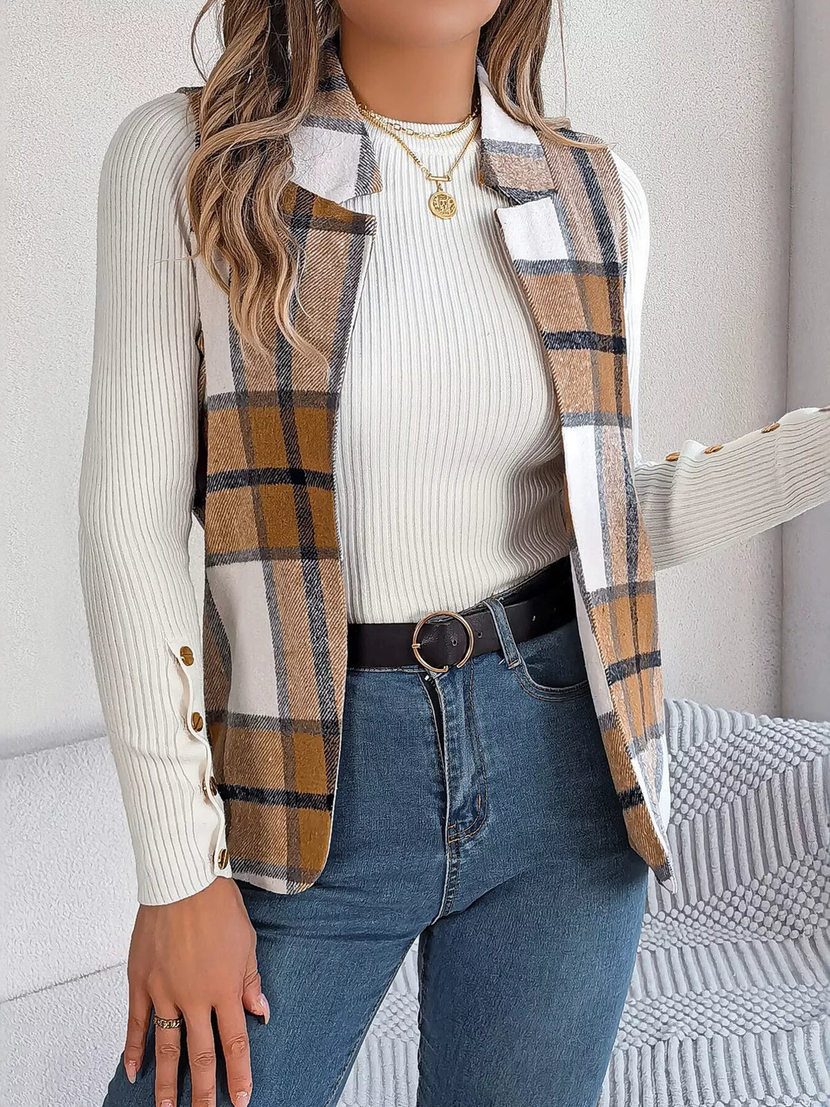Plaid Open-Front Vest by Clise