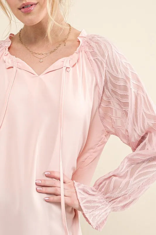 And The Why Leaf-Textured Sleeve Blouse in Pink