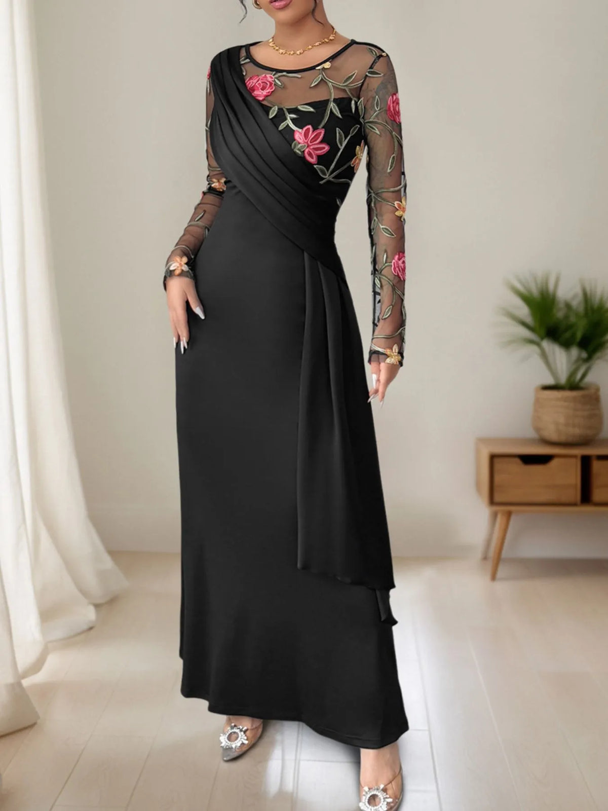 Floral Mesh Sleeve Ruched Maxi Dress in Black