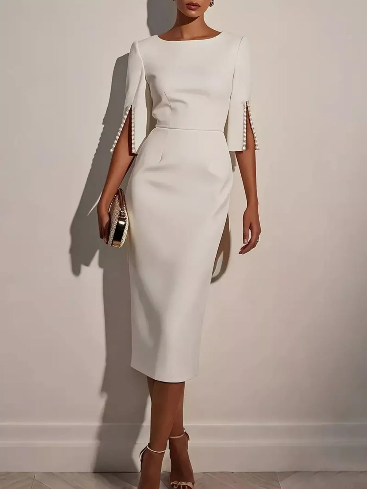 Beaded Slit-Sleeve Slim-Fit Midi Dress