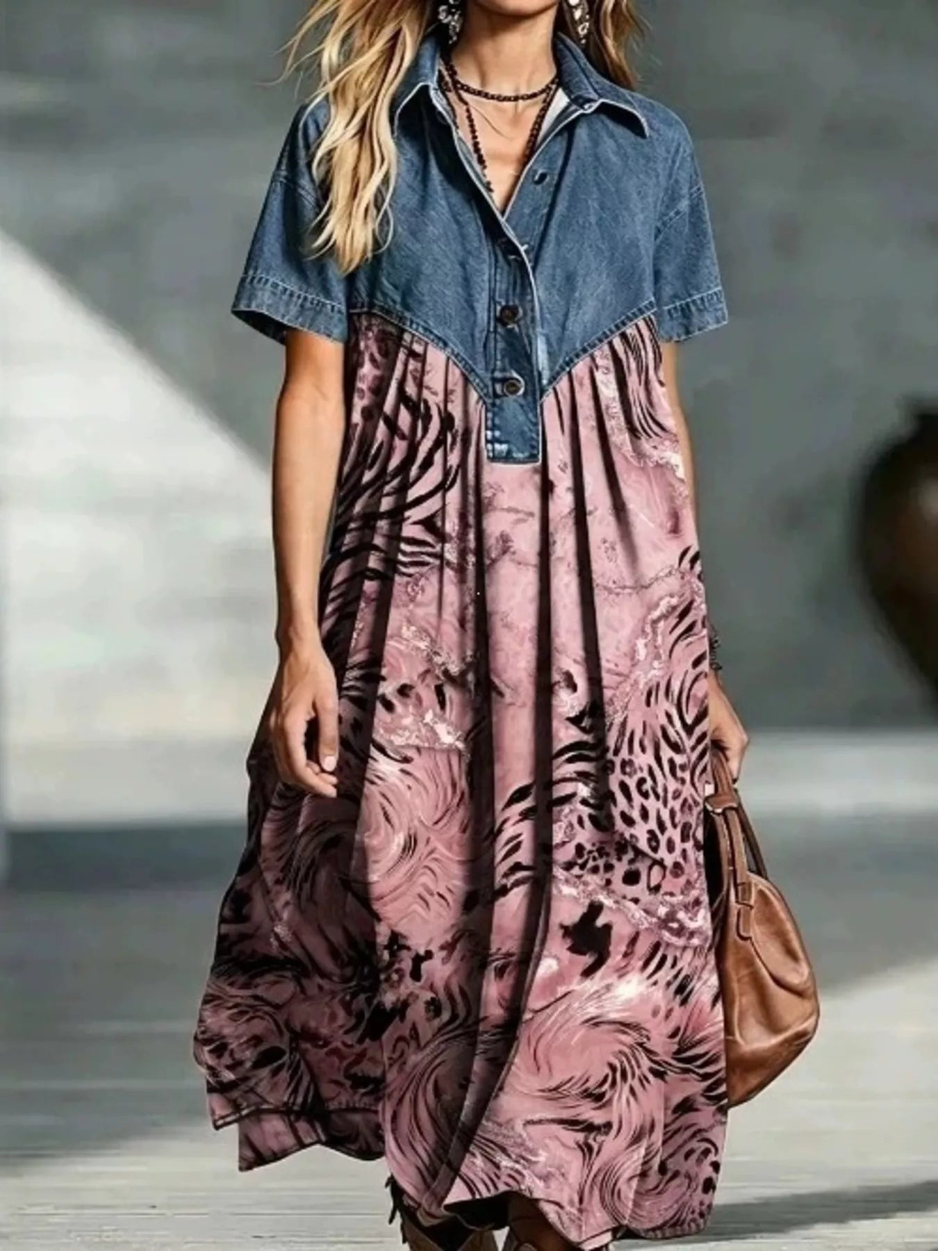 Denim Patchwork Print Shirt Dress