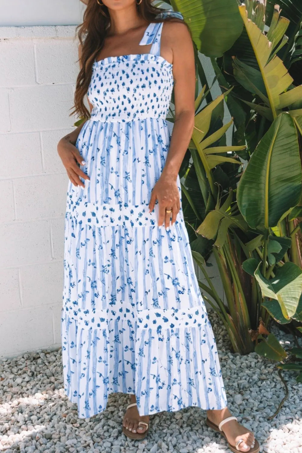 Floral Smocked Tiered Dress in Light Blue