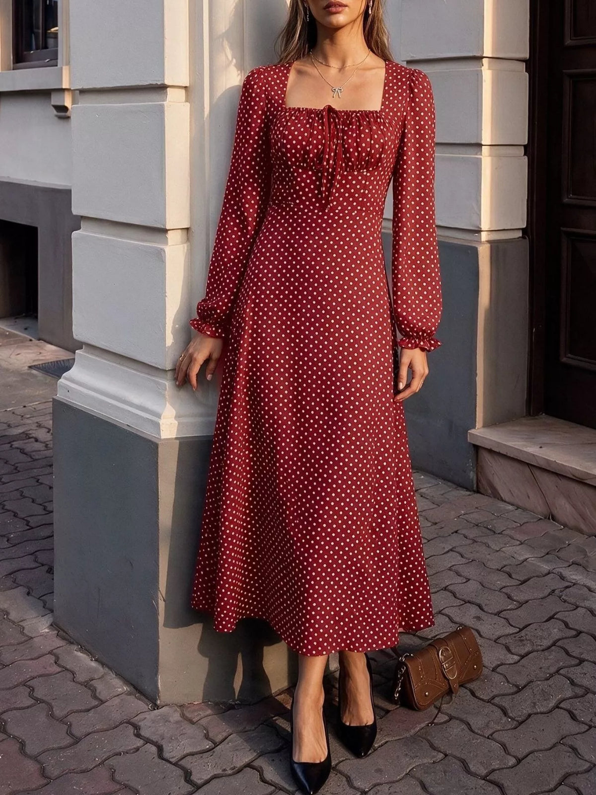 Square Neck Polka Dot Maxi Dress in Red