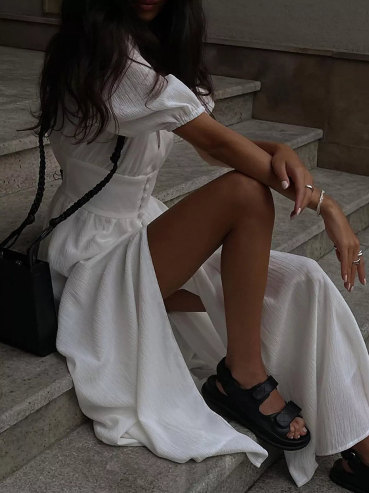 Buttoned Puff Sleeve Maxi Dress in White