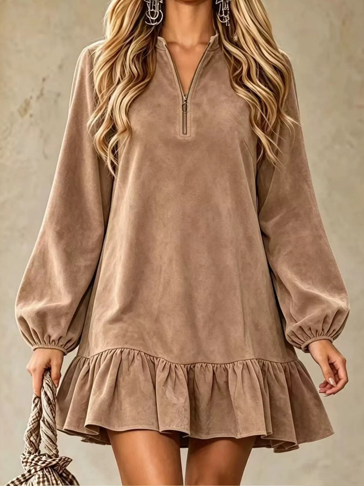 Quarter-Zip Ruffle Hem Mini Dress