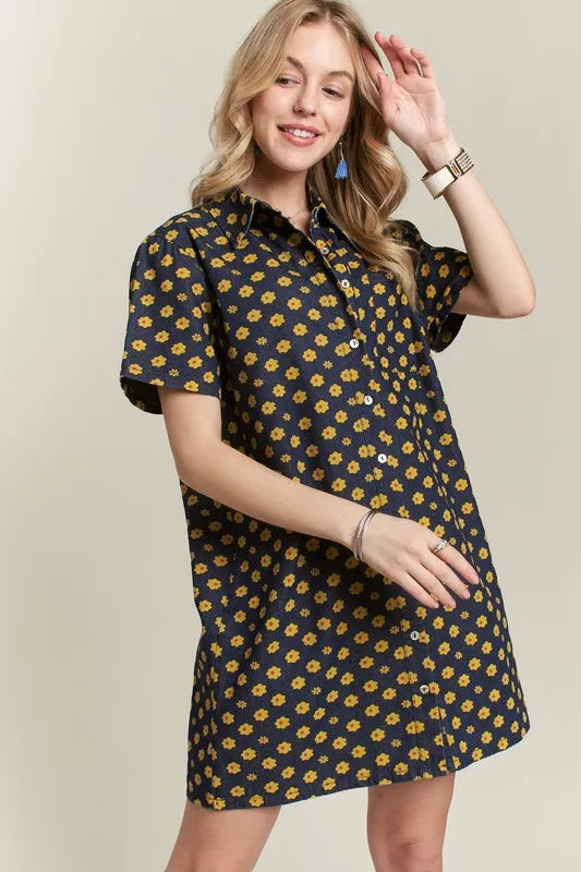 Floral Button-Up Mini Denim Dress in Dark Wash