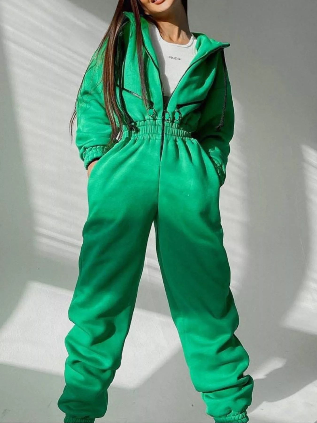 Zip Front Dropped Shoulder Jumpsuit